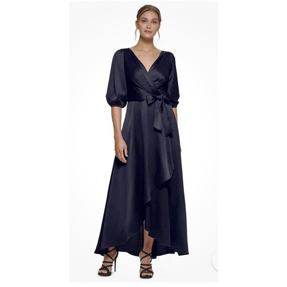 DKNY Faux Wrap Belted Maxi Dress Sz 6 Midnight Blue Balloon Sleeve Cocktail City